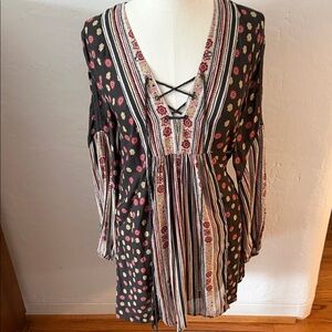 Free People Multicolor Floral and Stripe Mini Dress Boho